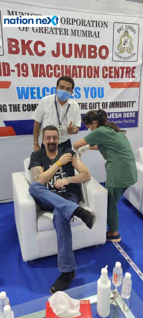 Actor Sanjay Dutt receiving his first dose of COVID-19 vaccine at BKC medical centre, Mumbai. (Twitter/SanjayDutt)