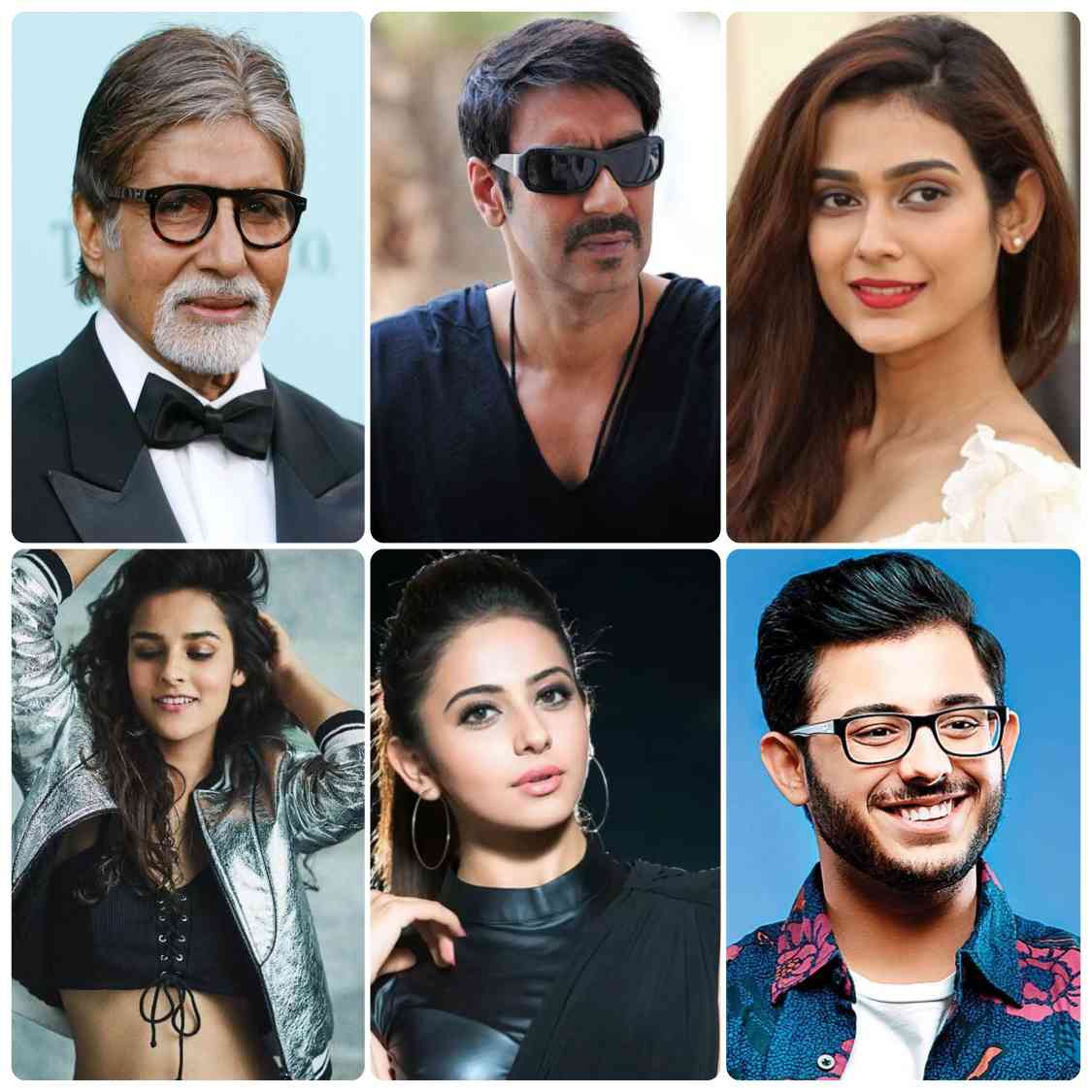 (Top L-R) Amitabh Bachchan, Ajay Devgn, Aakanksha Singh (Bottom L-R) Angira Dhar, Rakul Preet Singh, Ajay Nagar 