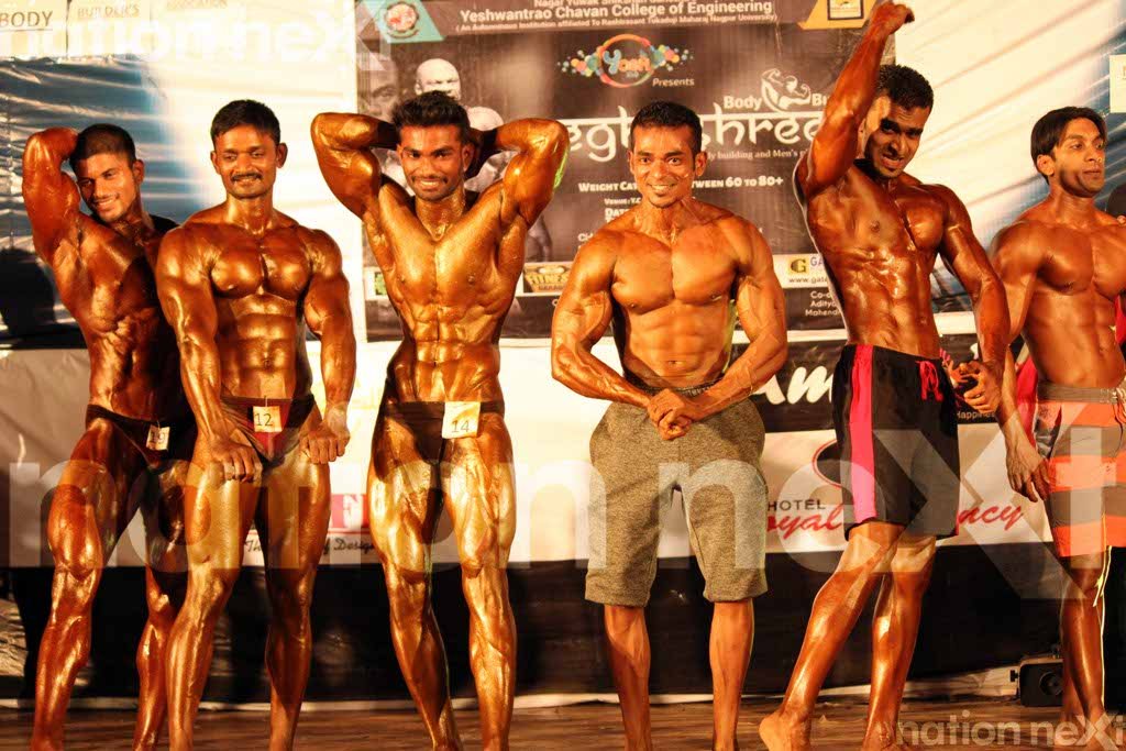 Bodybuilders pose during 'Mens' Physique Road Megheshree' - the bodybuilding competition at YCCE's fest YASH 16.0 co-presented by Nation Next