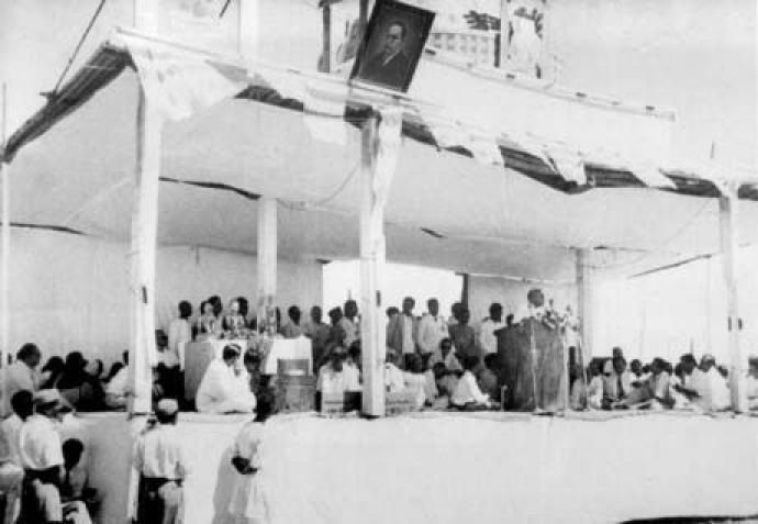 Dr. Babasaheb Ambedkar addressing his followers at Deekshabhoomi during 'Dhamma Deeksha' at Nagpur in 1965 (Photo source: Wikipedia)