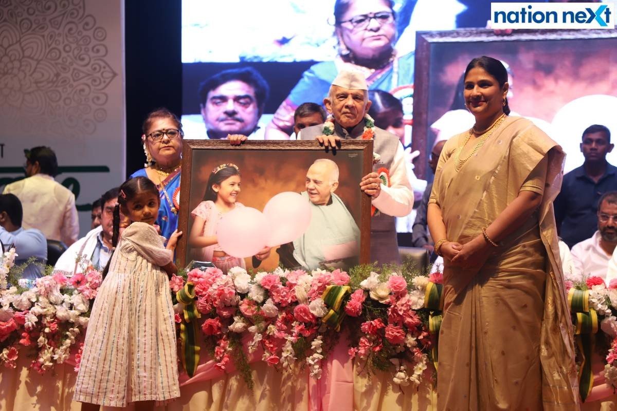 Ranjeet Deshmukh with his family during 'Amrut Mahotsav' organised at Suresh Bhat auditorium in Nagpur to celebrate Deshmukh's 75th birthday