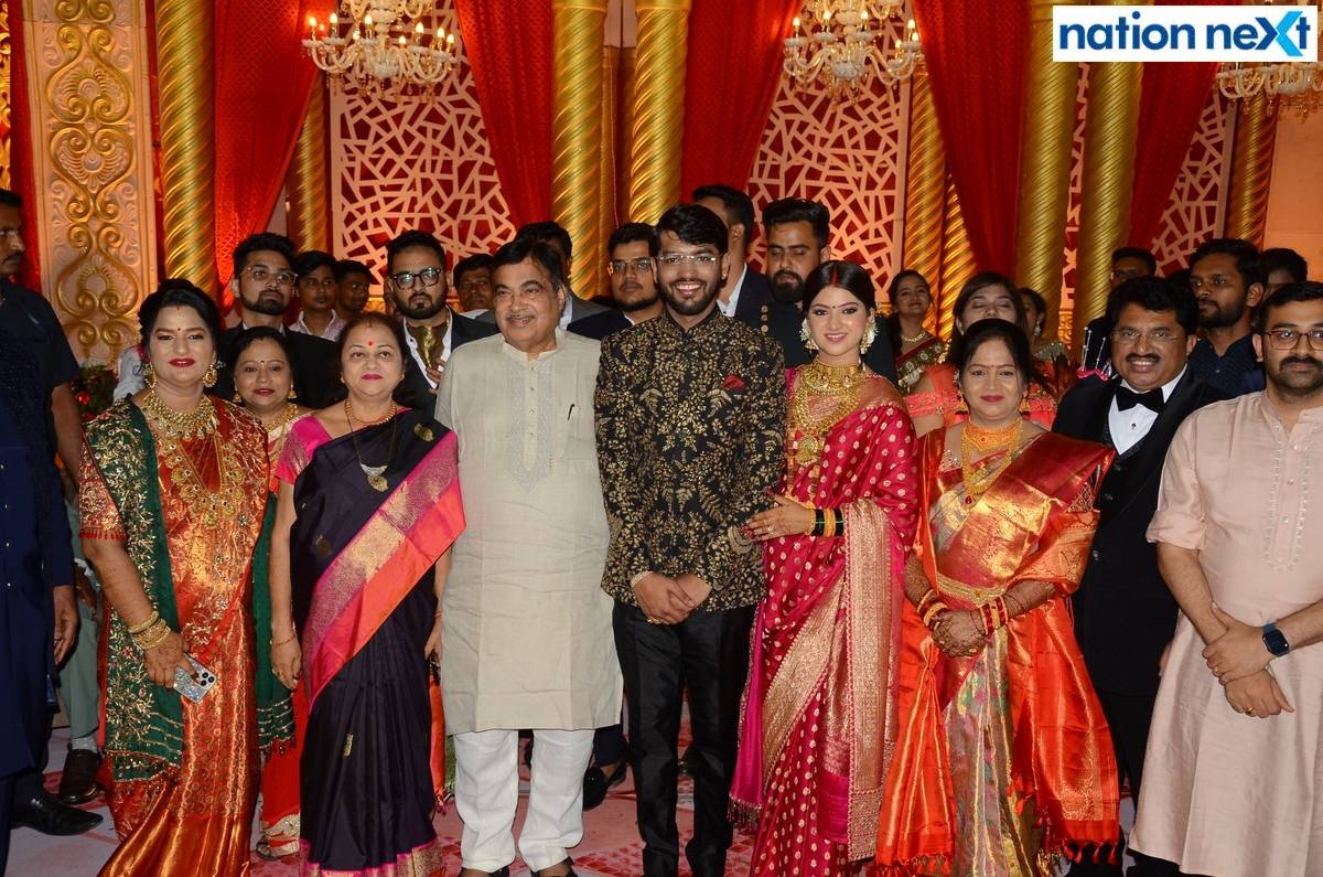 Union Minister Nitin Gadkari and Kanchan Gadkari at Sanket and Anushka Bawankule's wedding reception in Nagpur