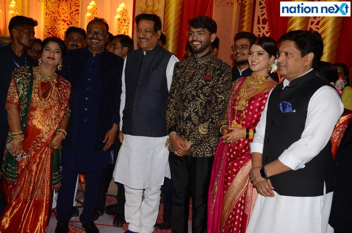 Former Maharashtra CM Prithviraj Chavan and former minister Rajendra Mulak at Sanket and Anushka Bawankule's wedding reception in Nagpur