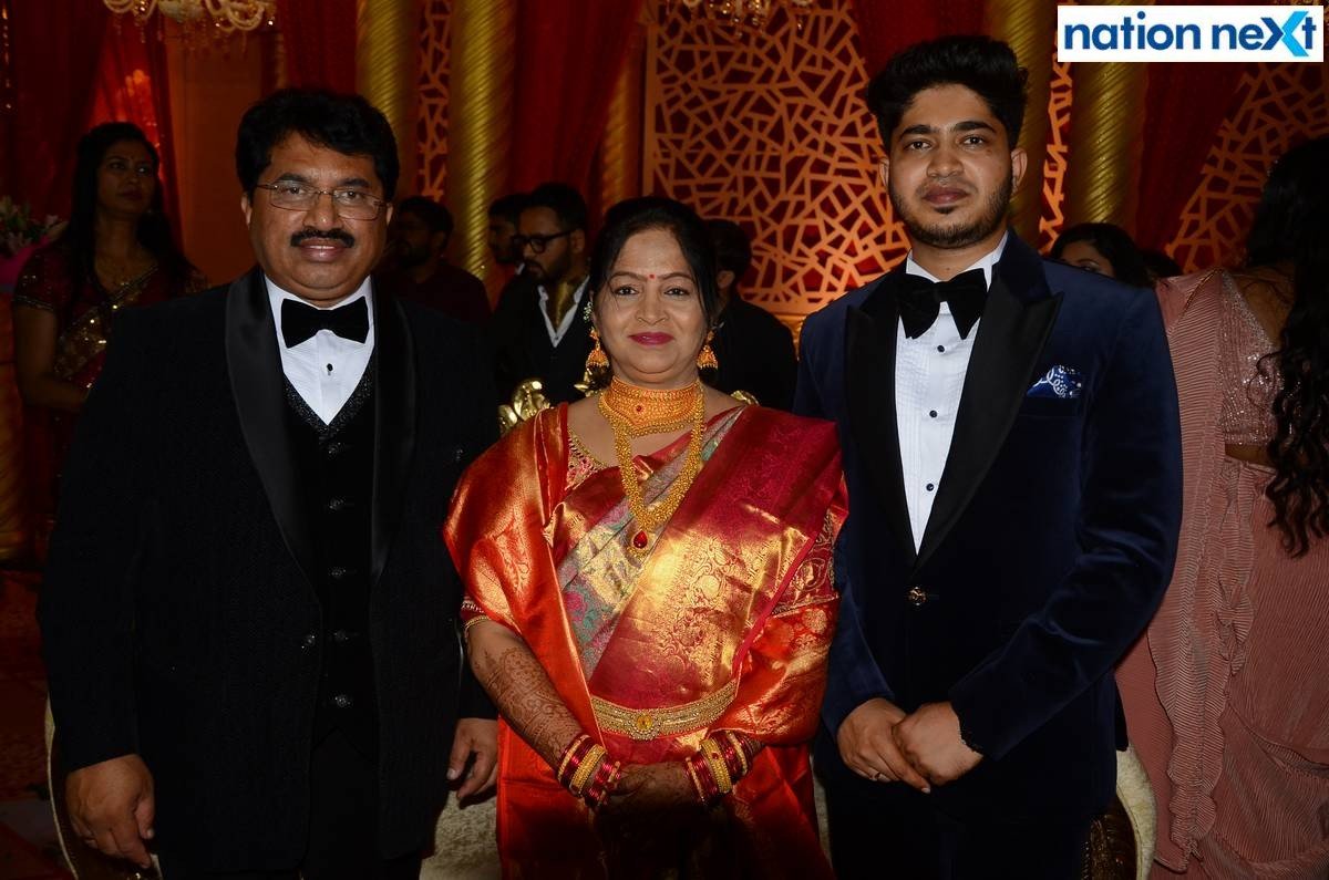 Anushka's parents Rajendra and Ujjwala Pawar with their son Prateek at Sanket and Anushka Bawankule's wedding reception in Nagpur